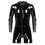 Lingerie da uomo in lattice con tutina in vernice con collo alto e cerniera, a maniche lunghe, costume da club rave, nero, L