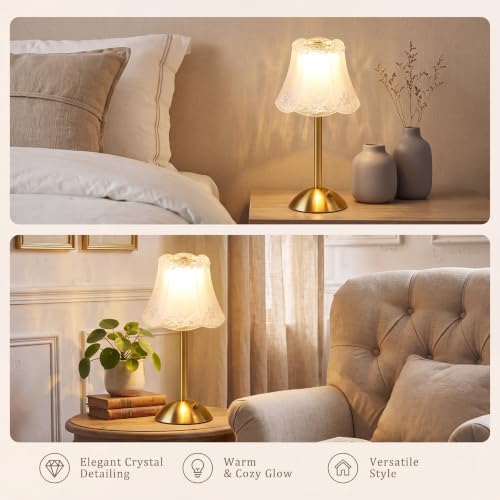 Image of Liliful 2 Pcs Cordless Table Lamp LED Touch, Gold, Floral Lace Style