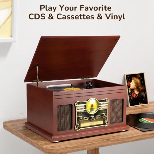 Image of FEKTIK Bluetooth Record Player 10 in 1, 3-Speed Turntable for Vinyl with Speakers, LP to MP3 Converter, CD, Cassette Player, FM Radio, Wireless Streaming | Mahogany