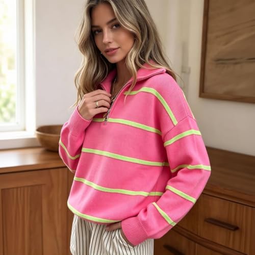 Quarter Zip Sweater Women Cropped Oversized Striped Turtleneck Sweater Top - image 2