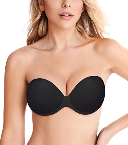 Wekofi Women’s Backless Strapless Full Figure Clear Back Adhesive Underwire Padded Bra(Black,Ddd) #TOP1