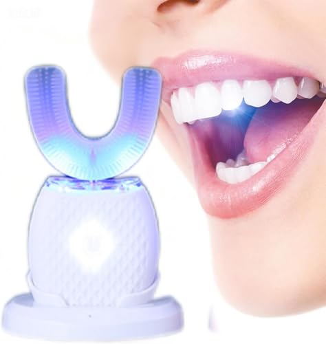 U Type Automatic Ultrasonic Toothbrush,Electric Ultrasonic Toothbrush for Adults,360° Electric Toothbrush,30'' Automatic Timer Wireless Charging Washable for Travel Home Use(White)