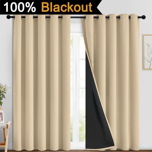 Image of Yakamok Beige 100% Blackout Curtains 84 Inches Long for Bedroom 70 inch Wide | Blackout Curtain Panels for Bedroom, 2 Thick Layers Grommet Top Thermal Insulated Drapes with Black Liner for Living Room