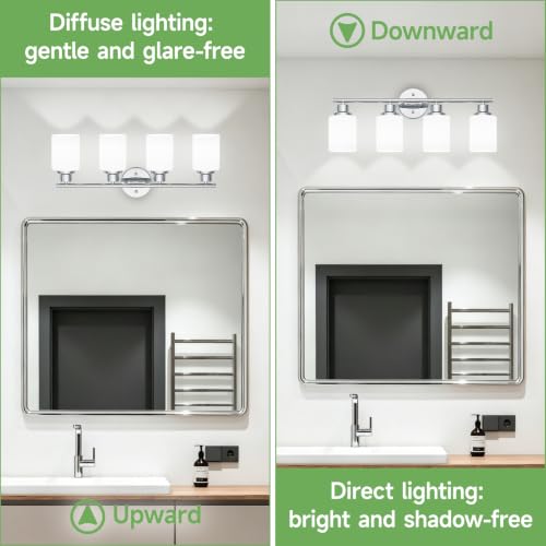 Image of 4-Light Chrome Vanity Lights for Mirror, Bathroom Light Fixtures with Textured Milky White Glass Shade, Modern Kitchen Light Fixtures Wall Sconce Light