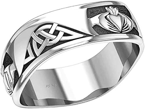 US Jewels and Gems Men's 0.925 Sterling Silver Modern Irish Celtic Claddagh & Knot Ring Band