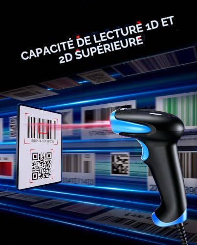 Eyoyo Lecteur Codes Barres 1D 2D, Handheld Wired USB Douchette Barre - Bleu – vue 4