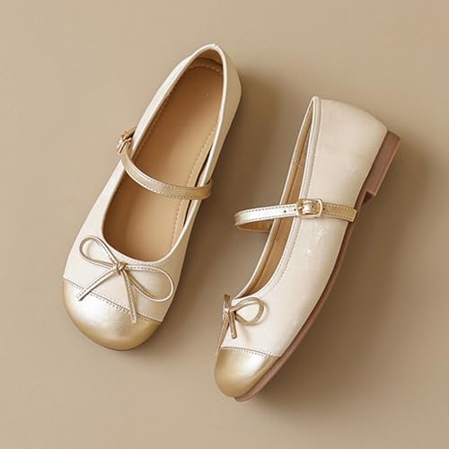 Women's Leather Splicing Bow Tie Mary Jane Flat Shoes with Buckle Strap Fashion Closed Round Toe Shallow Mouth Slip On Ballet Shoes Comfortable Luxury Business Wedding Dress Shoes3