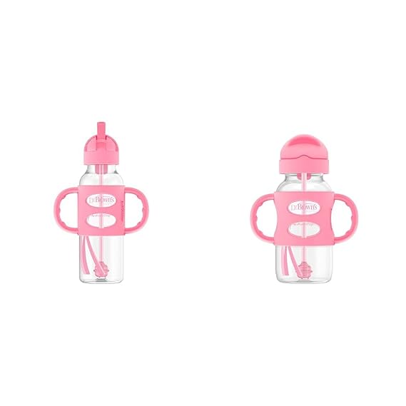 Dr. Brown's Milestones Sippy Straw Bottles, Pink - 8 oz Narrow & 9 oz Wide Neck, Weighted Straw, Spill-Proof, 100% Silicone Handles