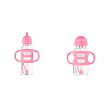 Dr. Browns Milestones Sippy Straw Bottles, Pink - 8 oz Narrow & 9 oz Wide Neck, Weighted Straw, Spill-Proof, 100% Silicone Handles