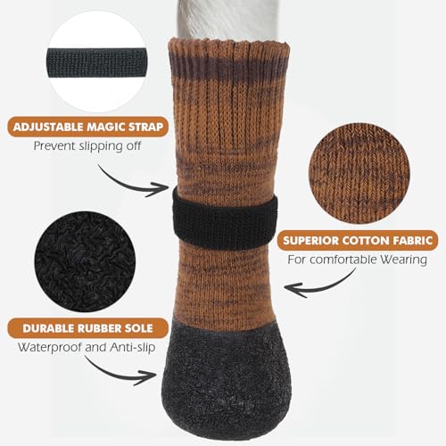 Image of Mihachi Anti Slip Dog Socks, Dog Boots for Hardwood Floors Prevent Licking, Traction Control Waterproof Rubber Sole Paw Protectors for Small Medium Large Dogs, Brown Large