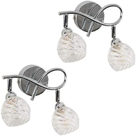 MiniSun Pair of Modern 2 Way Polished Chrome Curved Arm Wall Lights with Swirled Glass Dome Shades