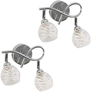 MiniSun Pair of Modern 2 Way Polished Chrome Curved Arm Wall Lights with Swirled Glass Dome Shades