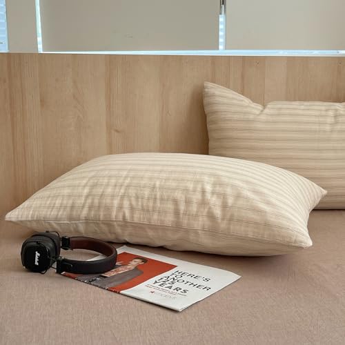 Image of mixinni Retro Striped Duvet Cover Set Twin XL Size - 100% Washed Cotton Beige Duvet Cover with Black White Stripes, Soft Breathable 3 Piece Comforter Cover with Zipper Closure & Corner Ties