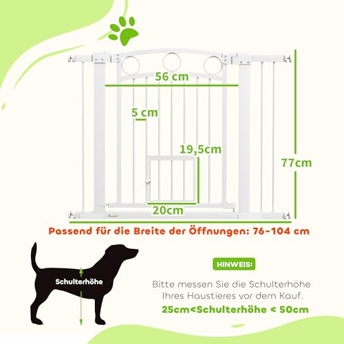 PawHut Türschutzgitter Hund, 76-104 cm Absperrgitter ohne Bohren, Treppengitter aus Stahl, Treppenschutzgitter mit Katzentür, Schutzgitter, Sicherheitsgitter für Treppen, Tür, Flur, Weiß