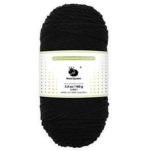 Wool Queen 5 Ply 80% Cotton Yarns, Black,3.5 Oz/218 Yards, Worsted Weight Yarn For Rug Punch, Pompom Art, Weaving, Crochet And Knitting Project. Machine Wash & Dry -Milk18 #TOP7