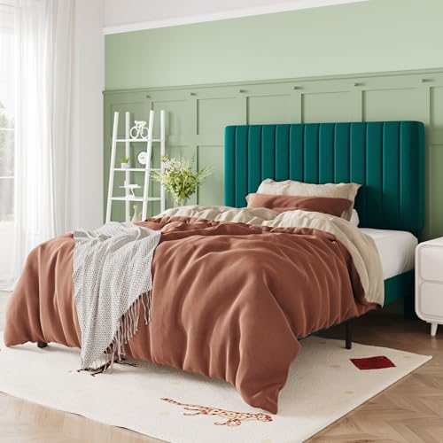 Image of Allewie Twin Bed Frame, Velvet Upholstered Platform Bed with Adjustable Vertical Channel Tufted Headboard, Mattress Foundation with Strong Wooden Slats, Box Spring Optional, Easy Assembly, Teal