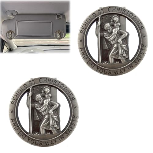 vcsjw Christopherus Auto Medaille,Heiliger Christophorus Auto Medaille 2 Stück,Auto Saint Christopher Visierclip Runde St Christopher Medaille Abzeichen Clip,Beschütze Uns und komm sicher nach Hause