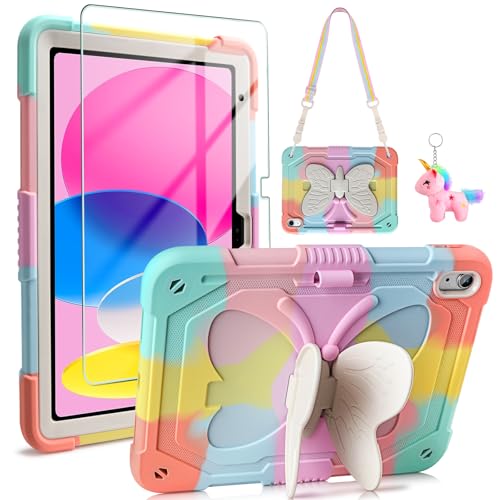 Coolden for iPad 10th Generation Case for Kids Girls with Butterfly Stand Screen Protector Shoulder Strap Dolls Pencil Holder Rugged Protective Cases Cover for iPad 10th/11th A16 Generation Case