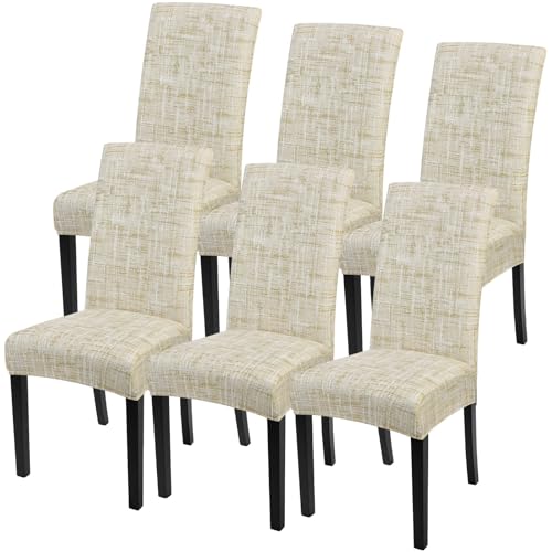 SearchI Dining Room Chair Covers Set of 6, Stretch Printed Floral Parsons Chair Slipcovers Removable Washable Kitchen Chair Protector Cover for Dining Room, Hotel, Ceremony (Beige Textured Grid)