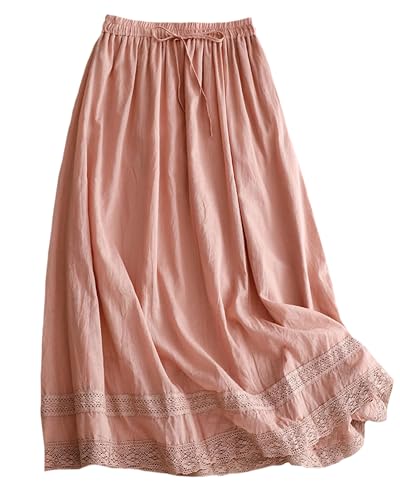 Fensajomon Women's A-Line Lace Cotton Linen Skirt with Drawstring Waist Flowy Long Beach Skirt