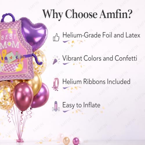 Image of AMFIN (Pack of 10) Happy Birthday MOM Mother's Day celebration balloon bouquet setup home party decor apron theme pink gold heart arrangement gift surprise decoration kit Mummy