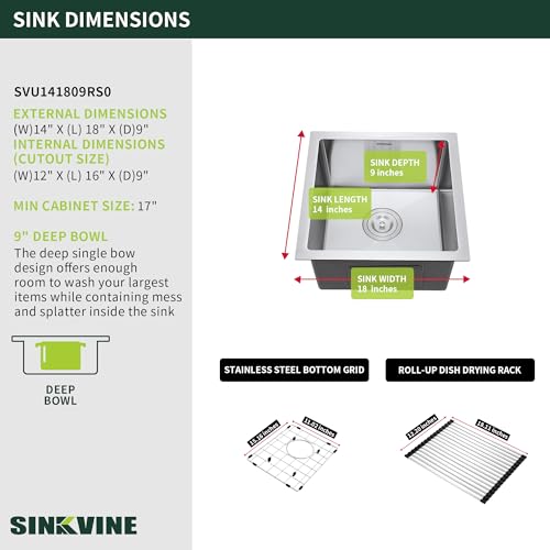 Image of 14-Inch Undermount Bar Sink, SINKVINE Stainless Steel Single Bowl