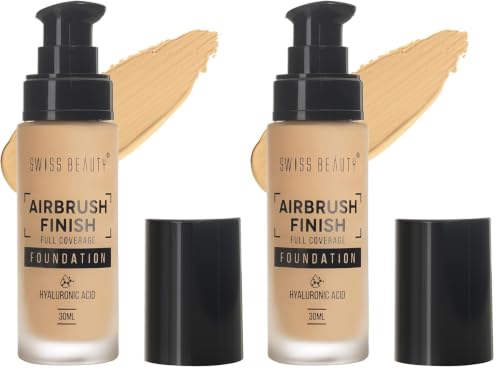 Image of Swiss Beauty Airbrush Finish Full Coverage Foundation | Full Coverage Up To 8 Hours | Waterproof & Lightweight | Natural Matte Finish | Long-Lasting Wear | Enriched with Hyaluronic Acid | For All Skin Types | Dermatologically Tested | Shade- 02 Fair Ivory, 30ml