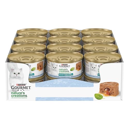 GOURMET NATURE'S CREATIONS Cuore di Salsa Cibo Umido per Gatti Adulti Mousse con Pesce dell'Oceano guarnita con Spinaci 12 lattine da 85g