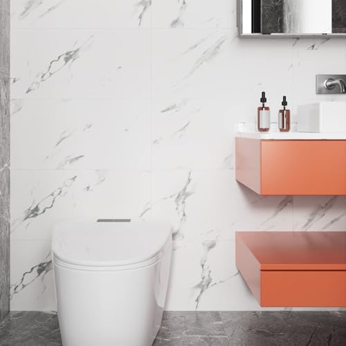Stickyart Carrara Marble Floor Tile Vinyl Flooring Tiles Peel and Stick Floor Bathroom Waterproof 12\"x24\" White Marble Vinyl Flooring Tile for Bedroom Kitchen RV Self Adhesive Stick on Wall Tiles 4pcs