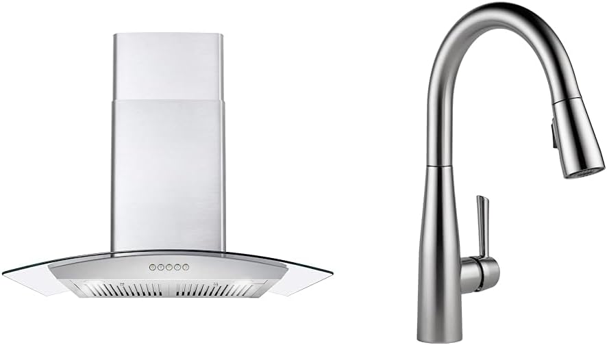 COSMO COS-668WRC75 Wall Mount Range Hood with Ducted Exhaust Vent, 3 Speed Fan, Push Button Controls, LED Lighting & Delta Faucet Essa Brushed Nickel Kitchen Faucet, Kitchen Faucets