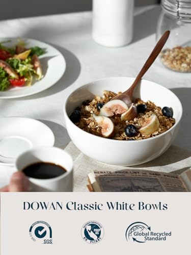 Image of DOWAN 39 OZ Soup Bowls Set of 4 - Large Cereal Bowls, White Ceramic Big and Deep Ramen Bowls for Noodle, Pasta, Salad, Mixed Fruit - Dishwasher & Microwave Safe
