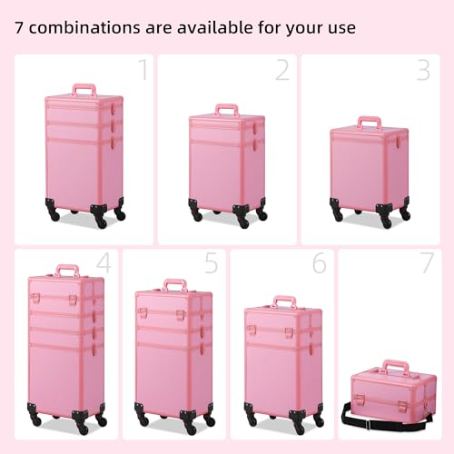 Somduy Makeup Train Case, Rolling Makeup Case with Lid, 5 in 1 Cosmetology Case on Wheels, Christmas Gift, Large Makeup Case Organizers, Profesional Cosmetic Case for Salon Barber, Pink