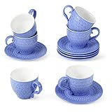 suntun Kaffeeservice 6 Personen, 12 teilig Dunkel Blau Kaffeetassen Set mit Untertasse, Neues Bone China Porzellan Geschirrset im Vintage Design, 195ml Kaffeeset Klassisch Relief Kaffeegeschirr Set