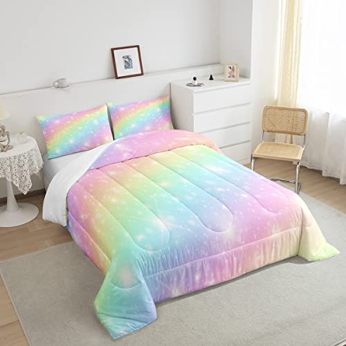 Erosebridal Rainbow Bedding Set For Kids Girls Teens Women Tie Dye Pastel Comforter Set Full Size Golden Stars Glitter Bedding Comforter Set Watercolor Art Girly Quilt Set Sweet Bedroom Decor 3 Piece #TOP3