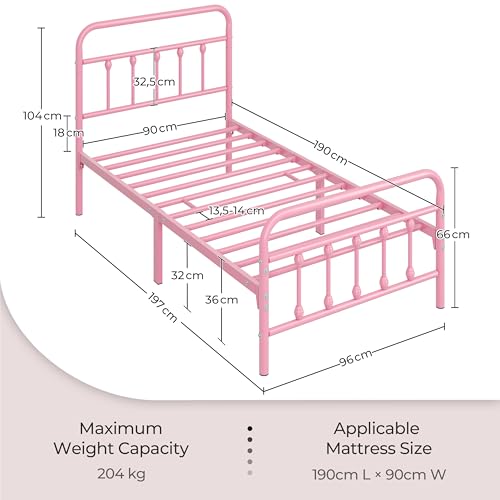 Yaheetech 3ft Single Bed Frame Vintage Iron Platform Bed with High Headboard and Footboard, Strong Metal-Framed Bed with Storage Pink