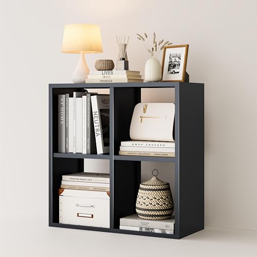 Image of VASAAOSD 4 Cube Storage Organizer - Metal Bookshelf, Black Cube Shelf, Deep Cube Shelving with Corner Protector, Stackable Design Bookcase for Living Room, Bedroom, Office, Entryway