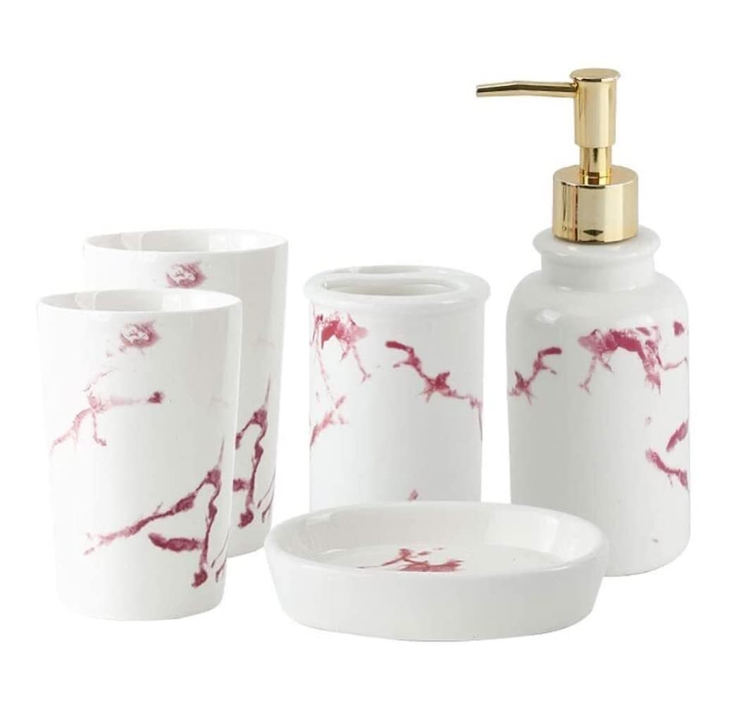 Zestaw łazienkowy Nordic Ceramics Zestaw Akcesoriów Łazienkowych Imitacja Marmuru Uchwyt Na Szczoteczki Do Zębów Dozownik Mydła Kubek Mydelniczka Zestaw Akcesoriów łazienkowych (Color : White Red, S