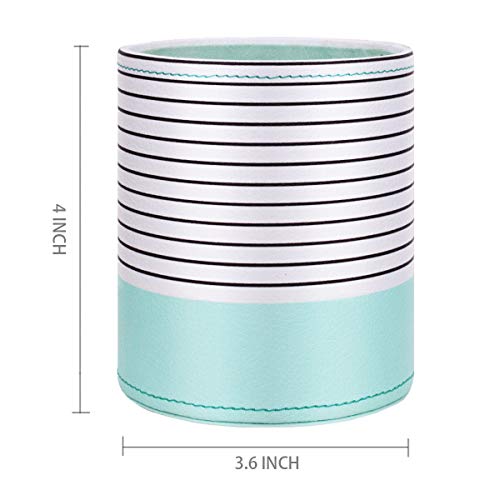 Image of Pen Holder, Pencil Cup Pot Desk Organizer Multi Purpose Use Cute for Adults Kids Luxury Leather Makeup Brush Holder for Home, Office, Classroom, Stripes Mint Green