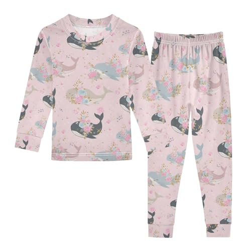 ALAZA Whale Rose Flower Floral Pajamas Long Sleeve Sleepwear 2-Piece Pajama Set