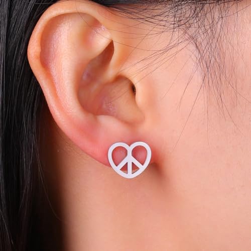 Stainless Steel Heart Shaped World Peace Sign Stud Earrings2