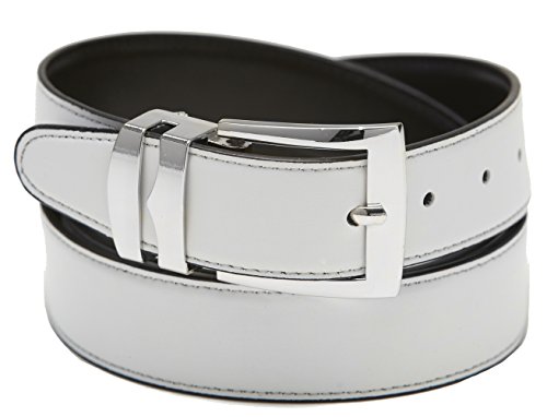 Men's Belt Reversible Wide Bonded Leather Silver-Tone Buckle WHITE/Black