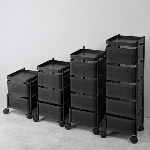 Image of RADIANT 5 Layer Multipurpose Plastic Trolley with Dish Rack for Kitchen Fruit Vegetable Storage Basket Kitchenware Food, Snacks, Toys, Tiered Shelf (Black) (Square Trolley - 5 Layer)