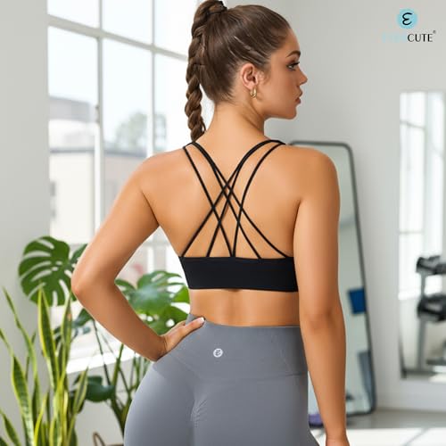 Image of Women's Cross Back Sport Bras, Seamless Padded Strappy High Support Yoga | Removable Pads, 4-Way Stretch, A-DD Cup, Full Coverage, Scoop Neck, Cropped Bra, Sweat-Wicking, Pull-on, for Yoga Gym Workout