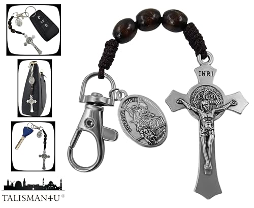 Image of TALISMAN4U Catholic Rosary Keychain for Car St Benedict Cross Saint Michael Guardian Angel Medal Pocket Rosary Key Chain Religious Accessory Wood Beads