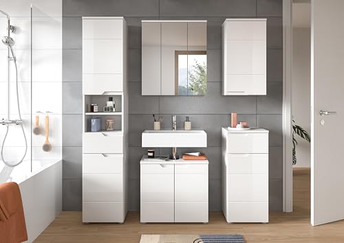 xonox.home Badezimmer Solero 5tlg. Kombination Badmöbel Set kleine Bäder Komplettprogramm Bademöbel-Set in Front weiß Hochglanz Tiefzieh Korpus weiß