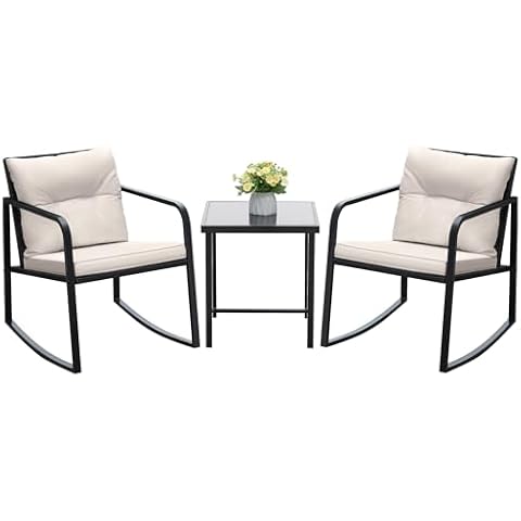 Devoko 3 Piece Rocking Bistro Set Wicker Patio Outdoor Furniture Porch Chairs Conversation Sets with Glass Coffee Table (Beige) Cover