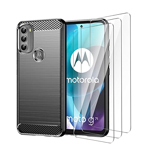 CQiuLi Coque pour Motorola Moto G71 5G+ 3 x Verre Trempé Protection écran, Souple Flexible en TPU Brossé Housse Bumper Case, Anti-Rayures/Absorption des Chocs - Noir Fibre de Carbone Cover