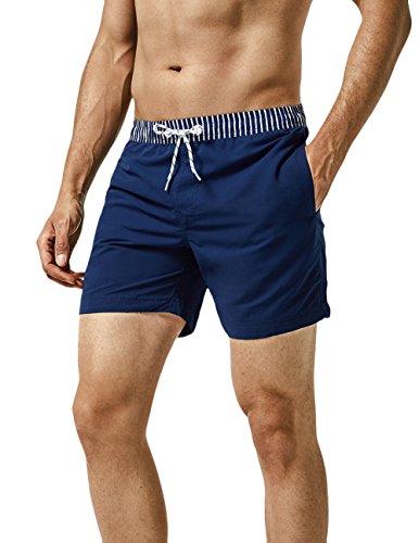 MaaMgic Shorts de Baño para Hombre Shorts de Playa Traje de Bañode Secado Rápido para Vacaciones Diseño a Rayas, Cinturón a Rayas Azul Marino M