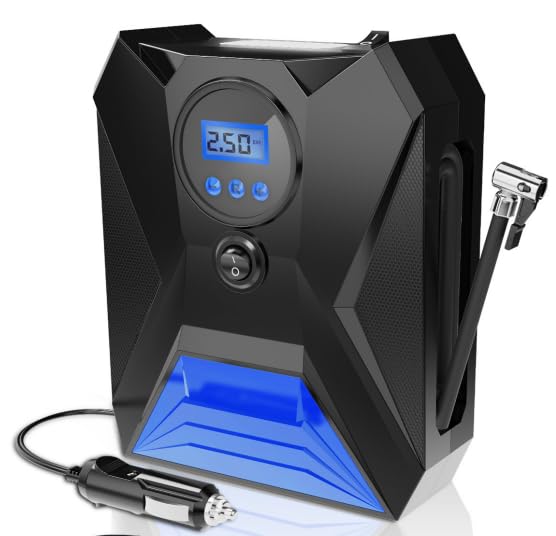 Car Tyre Inflator Air Compressor, Protable Car Tyre Pump 12V with LED Light, Digital Tyre Inflator with 3 Nozzle Adaptors, Car Tyre Inflator Suitable for Car, Bicycle, Motorcycle, Ball, Blue