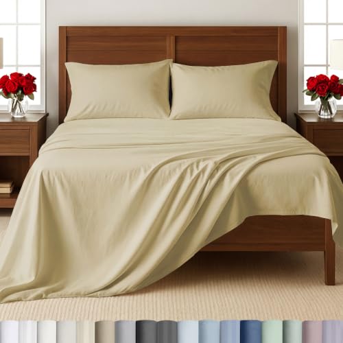 Image of California Design Den Twin Bed Sheets Set - 500 Thread Count Sateen, 100% Cotton, Almond Twin Sheet Set, Deep Pocket Bedding with All Around Elastic for a Snug Fit - Butter Almond